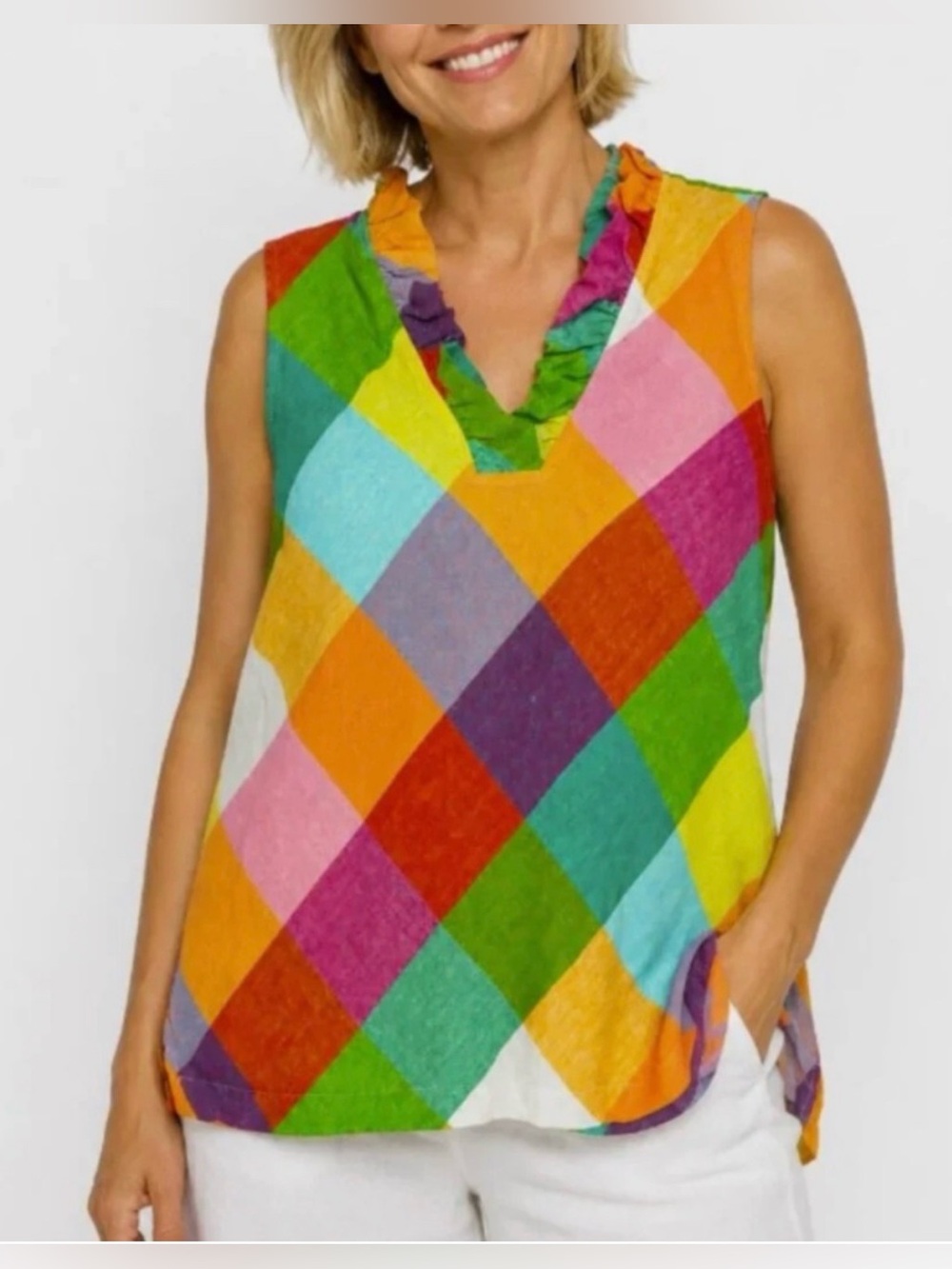 crown & ivy Multicolor Check Linen Ruffle V-Neck Sleeveless Top